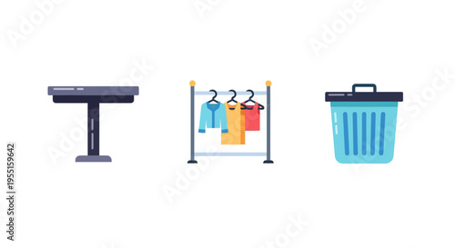 Colorful icons of table, clothing rack, and trash bin on white background