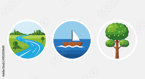 Nature elements in flat design: river, boat on water, and lush tree icons