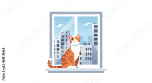 Charming cat gazing out window in cityscape scene