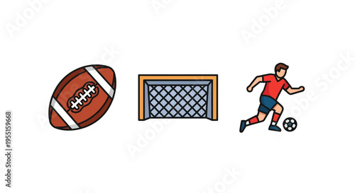 Sports icons featuring american football, soccer goal, and player in action