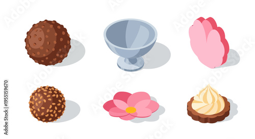 Isometric sweets and dessert icons: chocolate, candy, and pastry elements