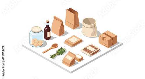 Eco-friendly isometric packaging display with various containers and bags