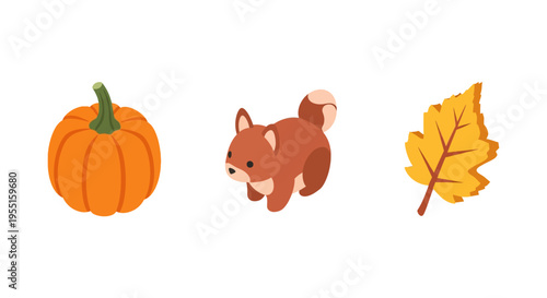 Cute autumn isometric icons featuring fox, pumpkin, and leaf