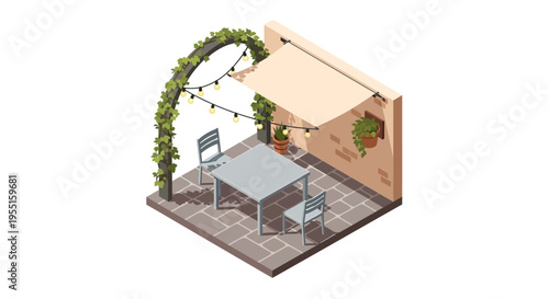 Cozy outdoor patio with modern furniture and string lights