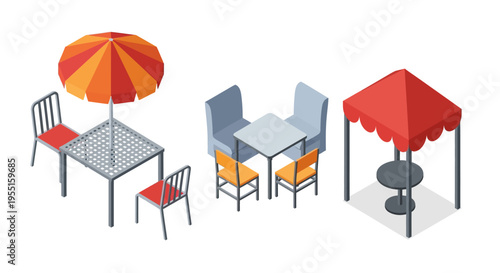 Isometric outdoor café furniture with chairs and umbrellas for modern spaces
