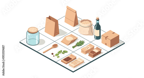 Eco-friendly food packaging and organic products in isometric design