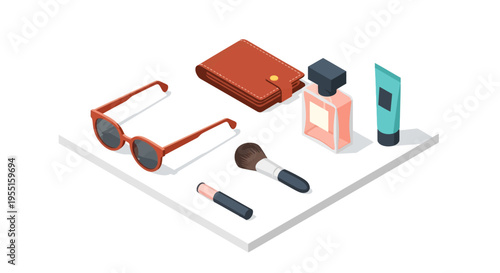 Isometric makeup and fashion accessories on shelf