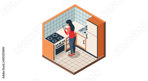 Isometric kitchen scene with woman cooking in modern design