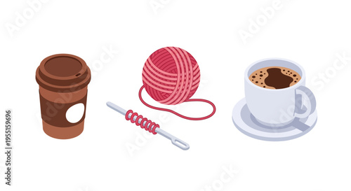 Cozy coffee and knitting essentials in isometric style