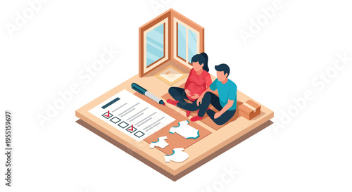 Isometric home planning: young couple assembling jigsaw on floor template