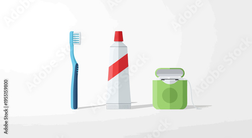 Dental care essentials: toothbrush, toothpaste, and floss on white background