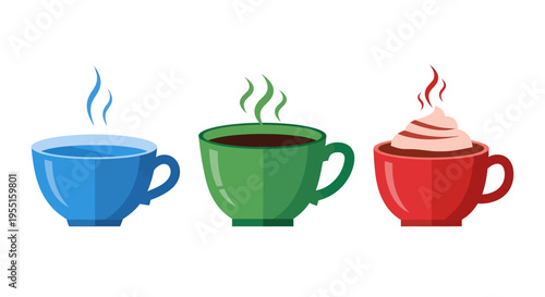 Colorful hot beverage cups collection: coffee, tea, and hot chocolate with steam