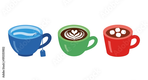 Colorful cups of tea and coffee with foam art and marshmallows