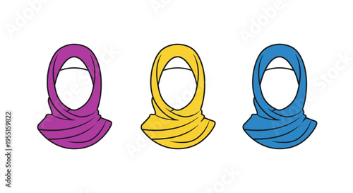 Colorful hijab set featuring modern fashion styles in purple, yellow, and blue