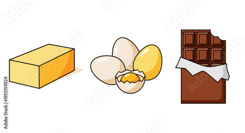 Butter, eggs, and chocolate bar in modern cartoon style