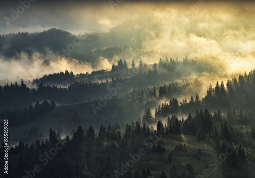 silhouettes of morning mountains. foggy morning in the Carpathians. Mountain landscape