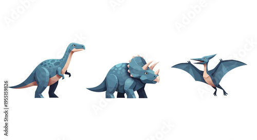 Vibrant dinosaur trio in modern 3d art style