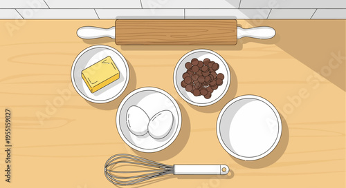 Baking ingredients on kitchen counter in cartoon style