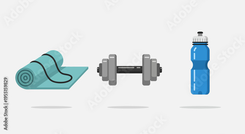 Home workout essentials: yoga mat, dumbbell, and water bottle flat design