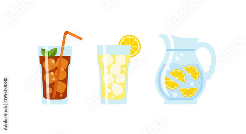 Refreshing summer drinks with ice tea, lemonade, and citrus water