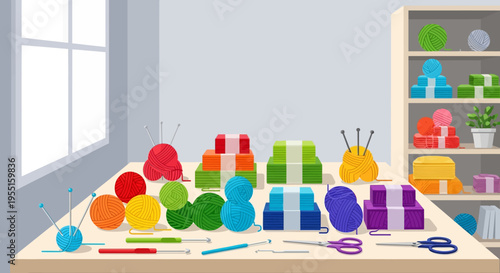 Cozy craft room with colorful yarn and knitting tools for creative projects