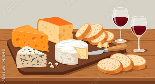 Cheese and wine tasting arrangement on wooden table with bread