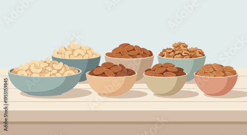 Assorted nuts in bowls on wooden tabletop