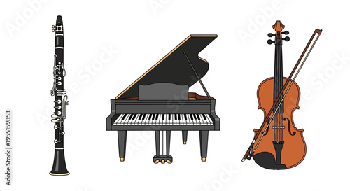 Musical instruments trio: clarinet, grand piano, and cello in flat design