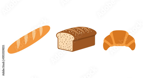 Assorted bread varieties: baguette, loaf, and croissant in flat style