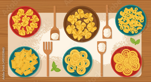 Assorted pasta shapes on wooden kitchen table