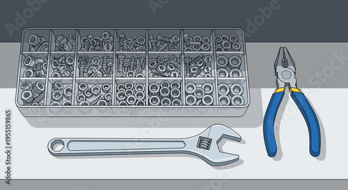 Organized workshop tools and fasteners with adjustable wrench and blue hand pliers