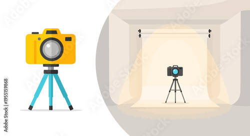 Flat design photography studio with yellow camera on tripod
