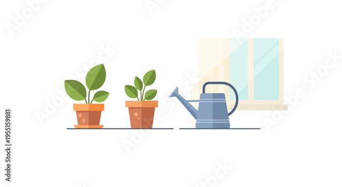 Flat style indoor gardening scene with plants and watering can near a window