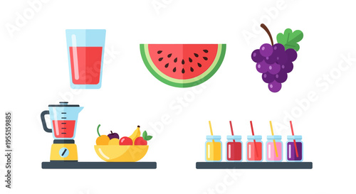 Colorful fruit and juice icons with blender in modern flat design