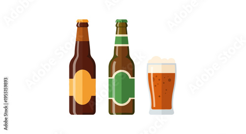 Assorted beer bottles and glass with foam on clean white background