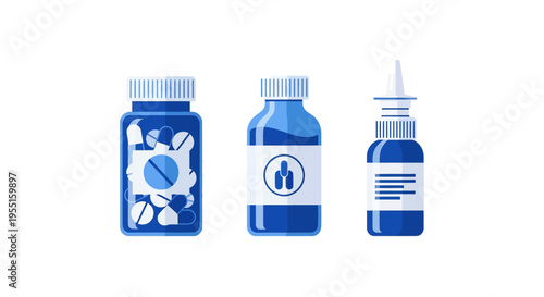 Modern flat design of medicine bottles and nasal spray on white background