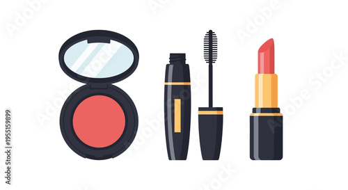 Elegant makeup set featuring blush, mascara, and lipstick in minimalist flat art style