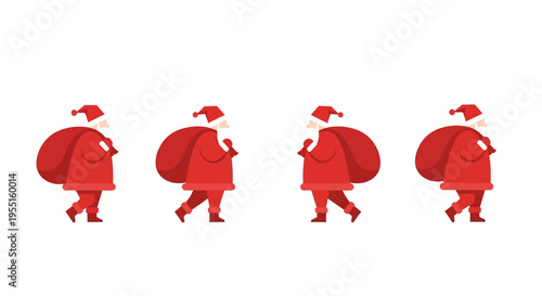 Flat style santa claus walking animation in red suit with gift bag