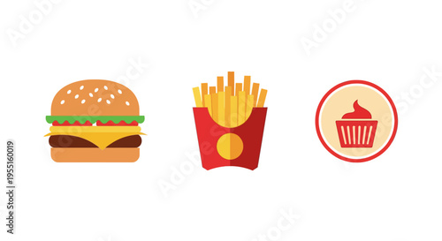 Flat style fast food icons with burger, fries, and cupcake on white background