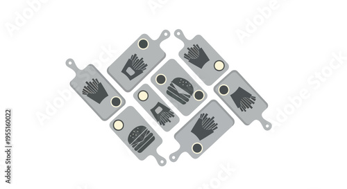 Fast food icon set featuring french fries and burger on minimal gray labels