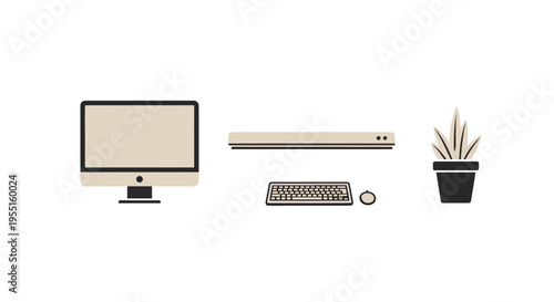 Minimalist workspace setup with desktop, keyboard, and plant