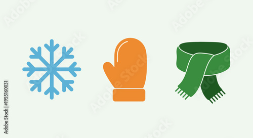 Winter essentials symbols: snowflake, mitten, and scarf