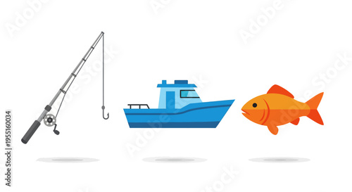 Fishing adventure: rod, boat, and fish in vibrant flat design