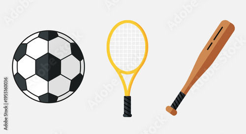 Flat sports gear: soccer ball, tennis racket, baseball bat icons