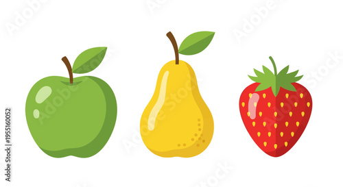 Colorful fruit collection featuring apple, pear, and strawberry in flat design