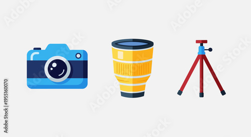 Camera lens tripod set in modern flat design