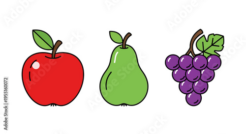 Colorful fruit icons: apple, pear, grapes in a simple flat style