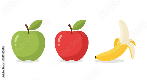 Fresh fruit set with green apple, red apple, and banana in flat design