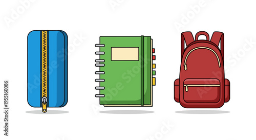 Colorful school items: backpack, notebook, and pencil case in flat style