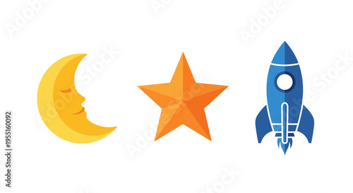 Celestial elements with moon, star, and rocket in minimalist style